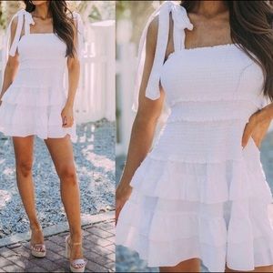 Olivaceous Smocked Ruffle Tiered Tie Strap Mini Dress